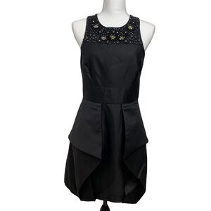 TIBI Black Silk Embellished Neck Peplum Origami Dress